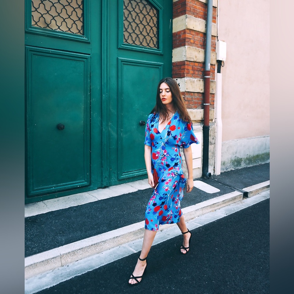 ZARA Dutch Blue Mix Floral Print Ruffle Fit & Flare Midi Dress Sz L